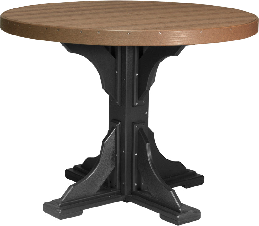 Round 48-inch patio table with a brown poly lumber surface and a sturdy black base, designed for outdoor dining.