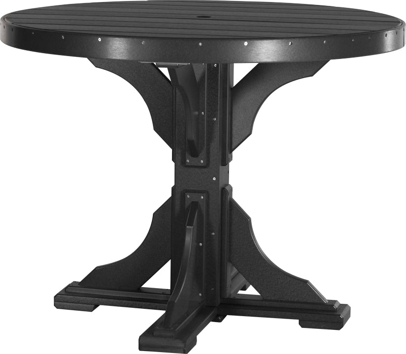 Round 48-inch dining table set with a dark finish, featuring a central umbrella hole and sturdy marine-grade base.