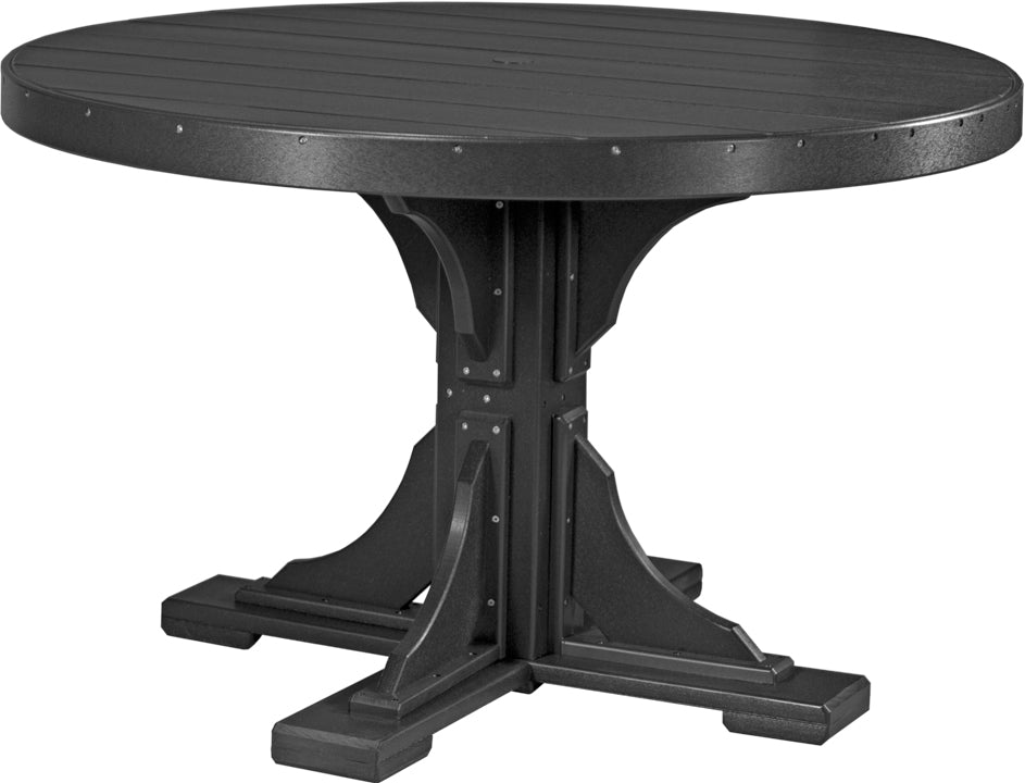 LuxCraft Deluxe Poly 48" round table with a black finish and sturdy base, featuring a center umbrella hole.