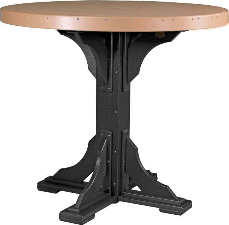 Round outdoor dining table with a light brown top and black pedestal base, featuring a center umbrella hole and durable design.