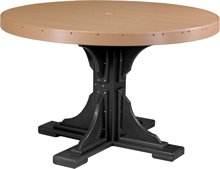 Round outdoor dining table set with a tan HDPE top and black base, featuring a central umbrella hole for shade.
