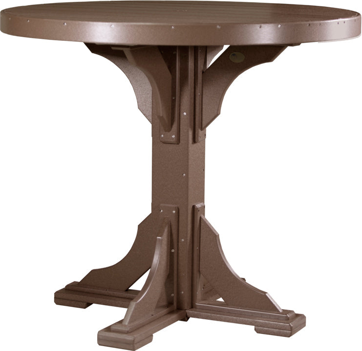 Brown 48-inch round table with a sturdy base, crafted from weather-resistant poly lumber, designed to seat four adults comfortably.