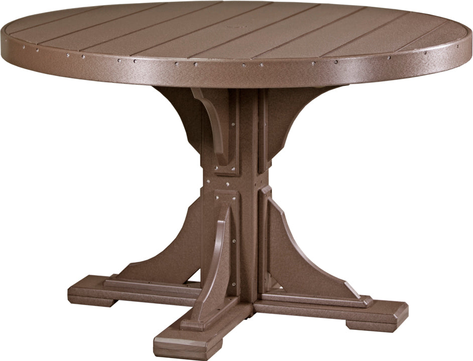 Round, 48-inch LuxCraft deluxe poly table in a rich brown hue with a smooth surface and sturdy base, ideal for outdoor dining.