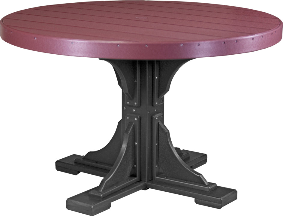 Round patio dining table with a burgundy top and black base, designed to comfortably seat four people.
