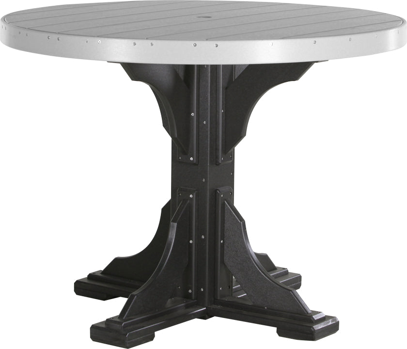 Round patio table with a black HDPE base and a light gray top, featuring a center umbrella hole and sturdy design.