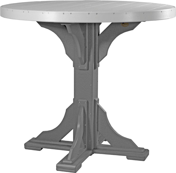 48-inch round patio table with a gray poly lumber top and sturdy base, featuring a built-in umbrella hole.