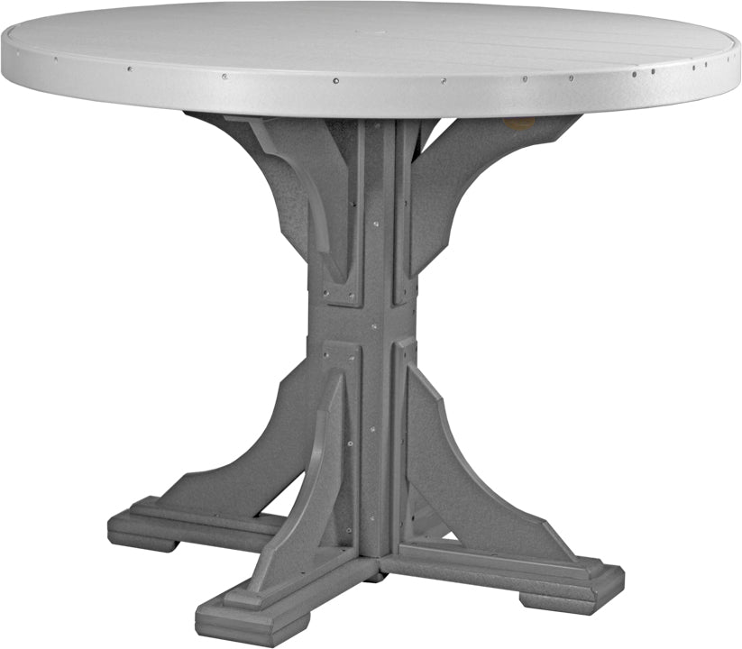 Round 48-inch patio table with a sturdy gray base, featuring a smooth, weather-resistant surface and a center umbrella hole.