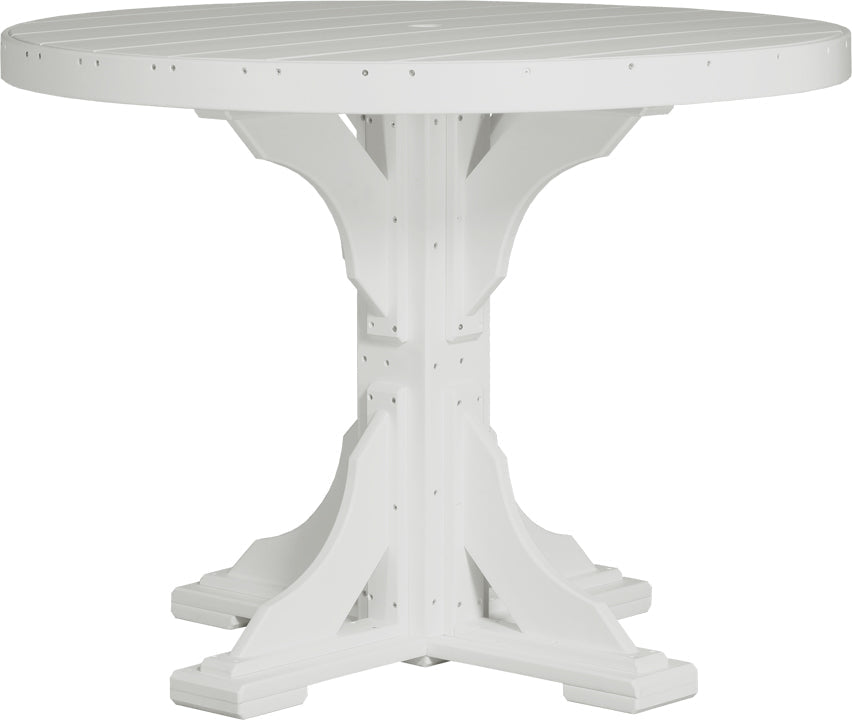 Round white outdoor dining table with a sturdy pedestal base, featuring slatted design and a center umbrella hole.