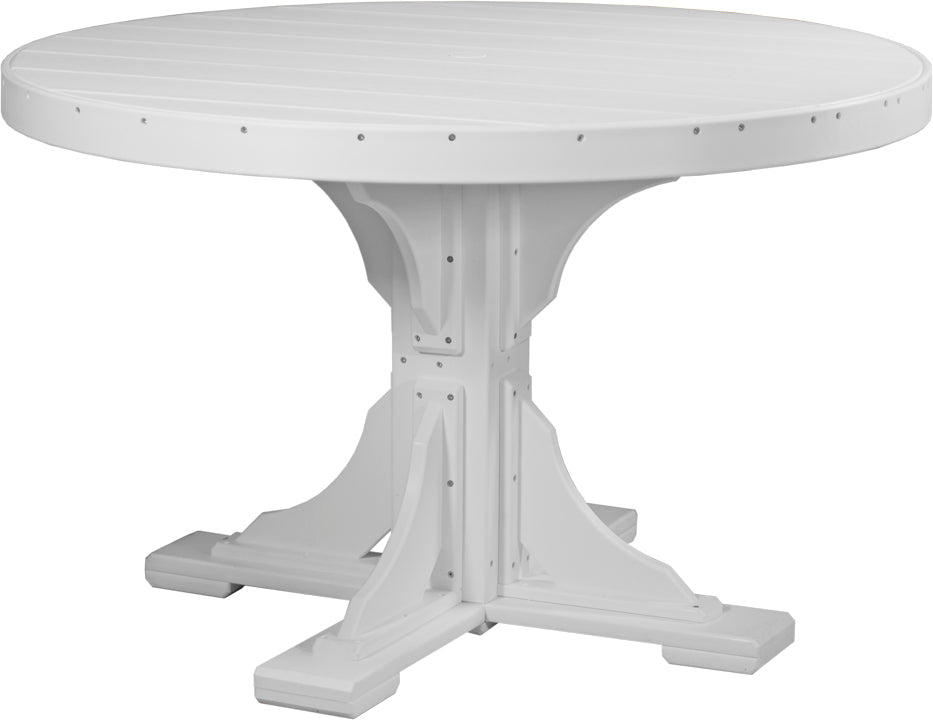 White 48" round patio dining table with a sturdy base, slatted surface, and an umbrella hole at the center.