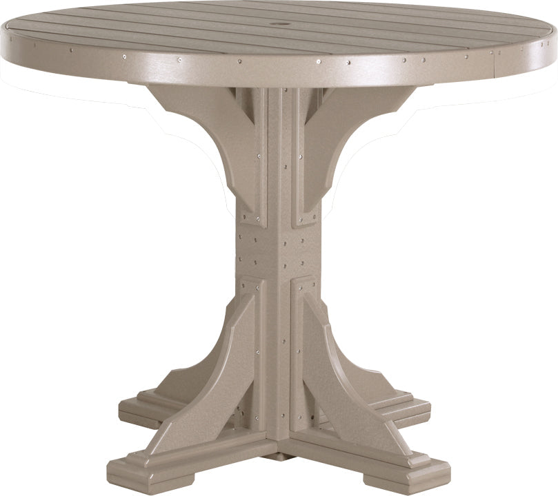 48" round patio table made from light tan HDPE poly lumber, featuring a sturdy base and an umbrella hole in the center.