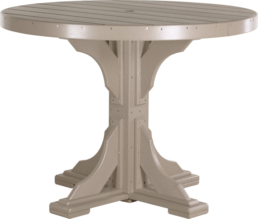 48-inch round dining table in a light tan color, featuring a sturdy cross-shaped base and a built-in center umbrella hole.
