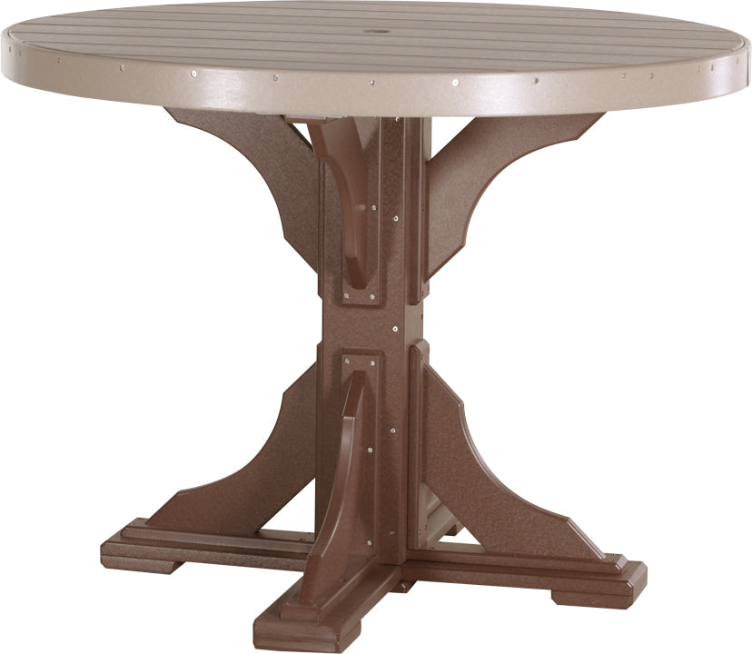 Round 48” outdoor dining table in brown HDPE poly lumber, featuring a sturdy base and center umbrella hole.