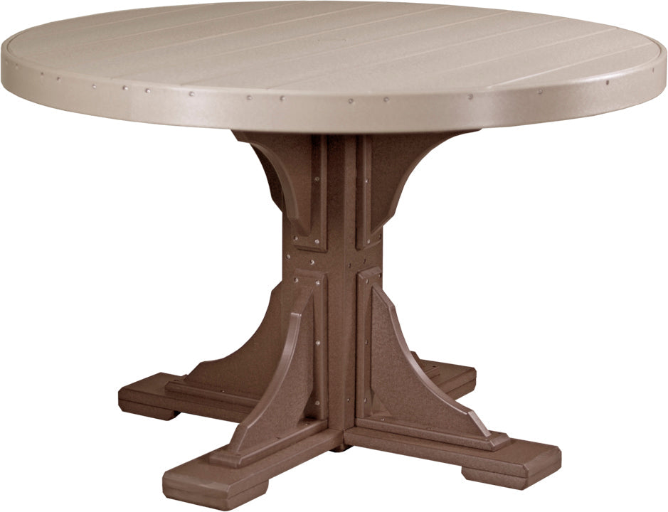 Round, 48-inch outdoor table crafted from beige HDPE poly lumber with a brown base and intricate leg design.