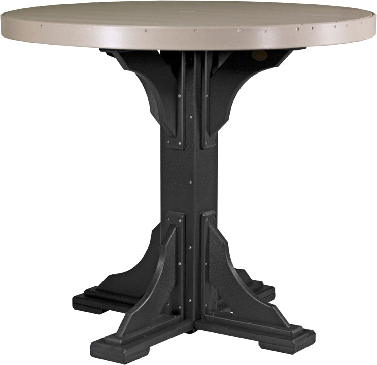 Round table featuring a light brown top and a sturdy black base, designed for outdoor dining and seating four adults comfortably.