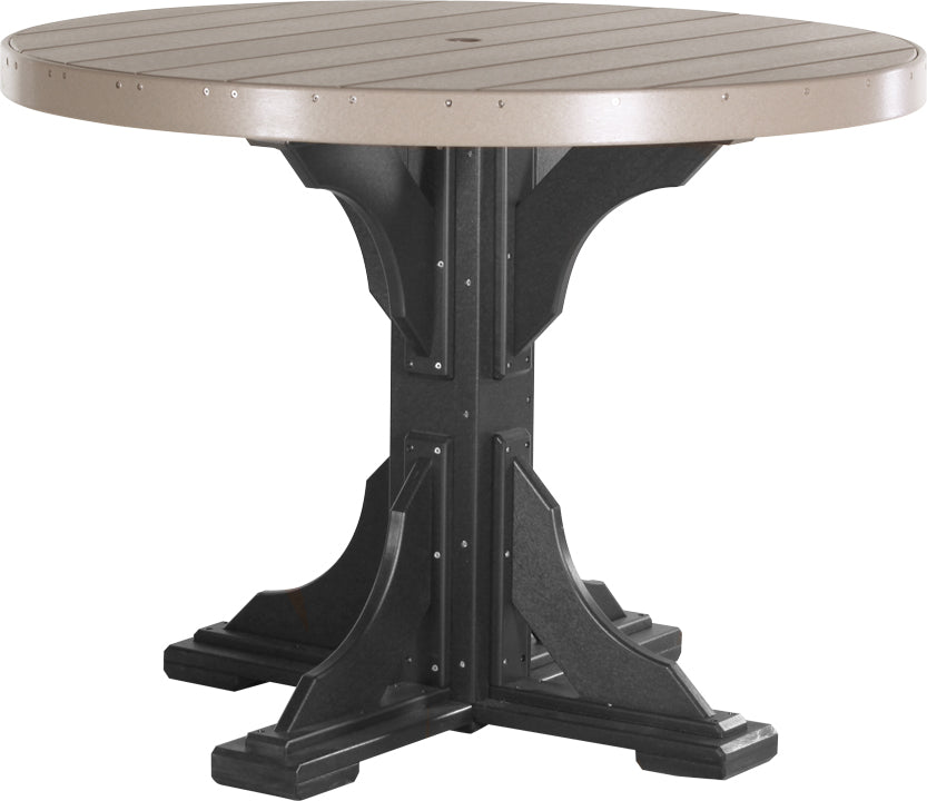 48-inch round patio table with a beige top and dark base, featuring a center umbrella hole and marine-grade hardware.