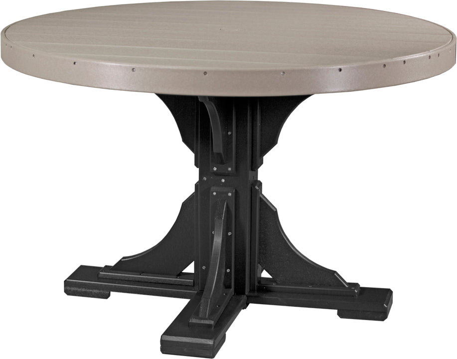 LuxCraft Deluxe Poly 48" Round Table Set with a light brown top and black base, designed for outdoor use, seats four comfortably.