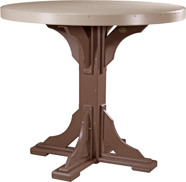 Round 48-inch patio table with a beige top and brown base, featuring a solid design and umbrella hole, crafted from weather-resistant HDPE.