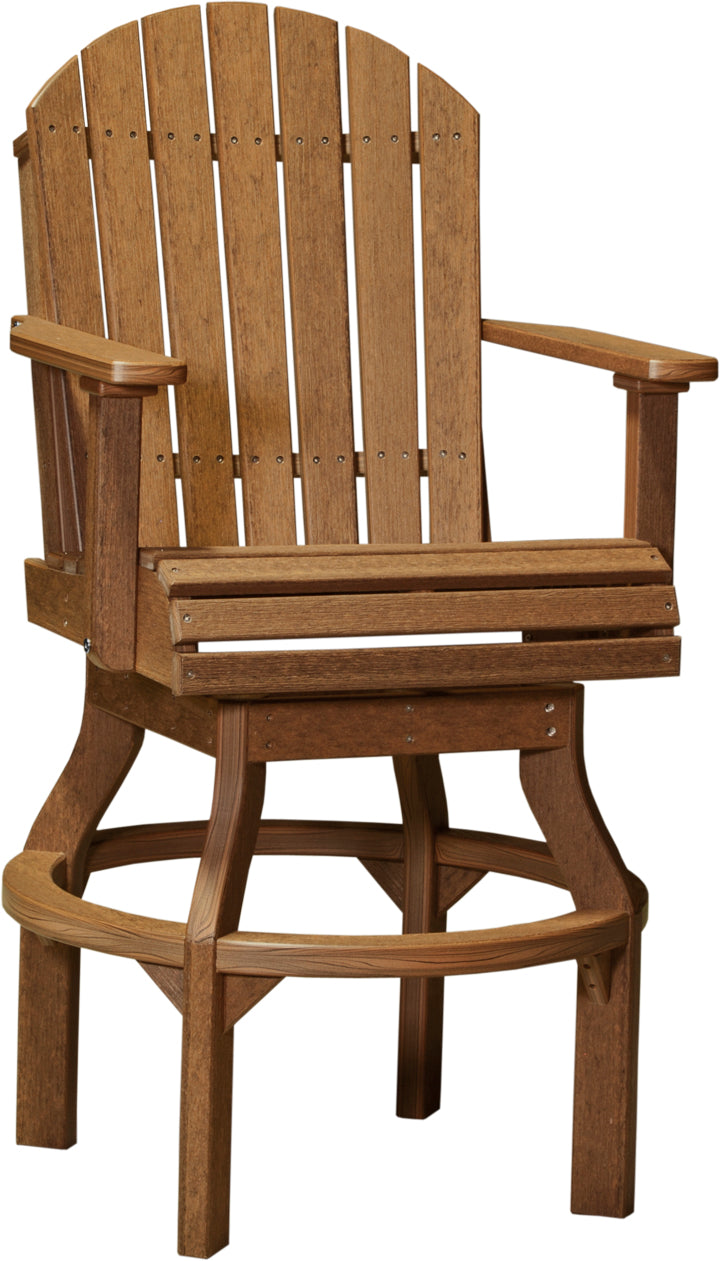 Adirondack-style swivel chair crafted from brown HDPE poly lumber with a slatted back and sturdy armrests.