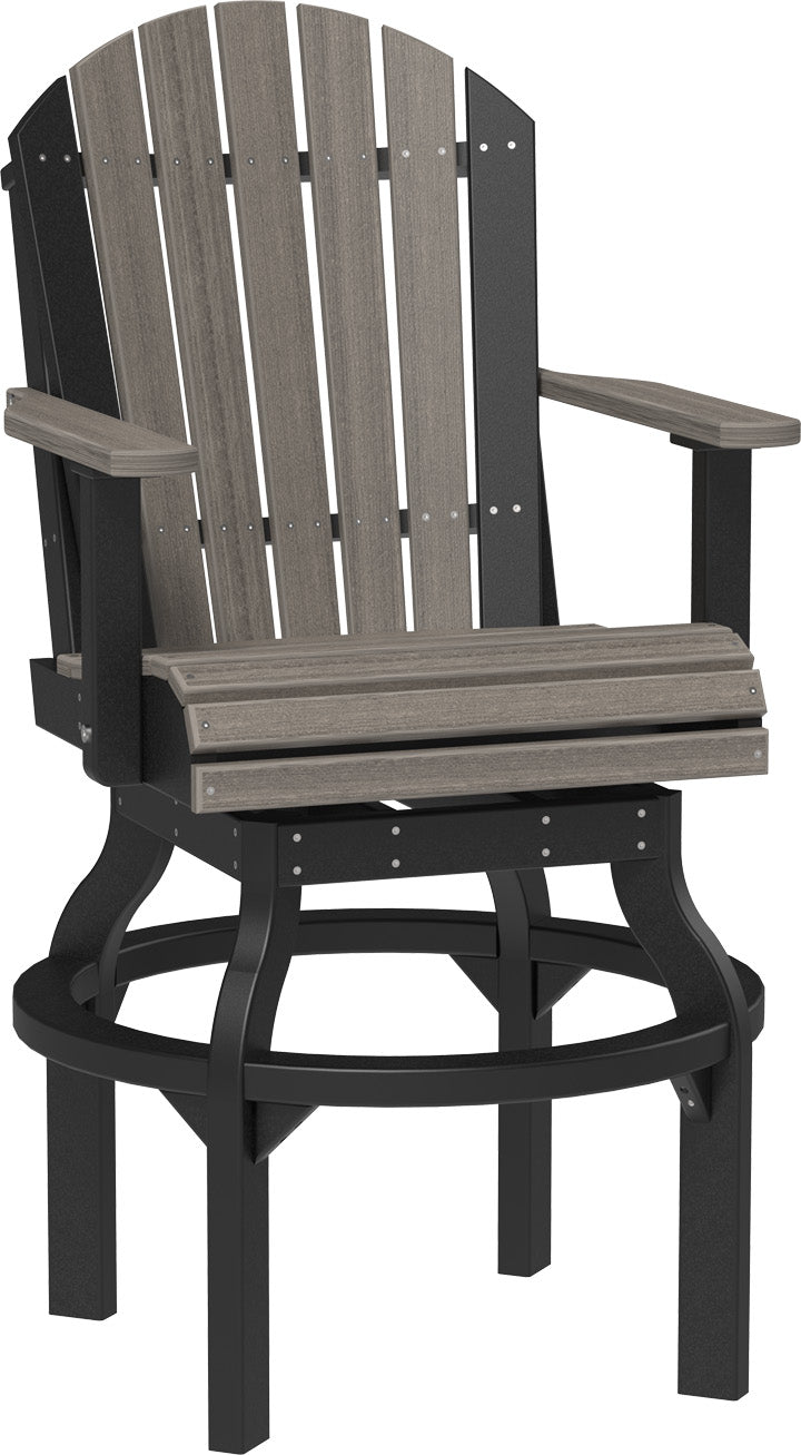 Adirondack-style swivel chair featuring gray slats and a black frame, designed for outdoor use.