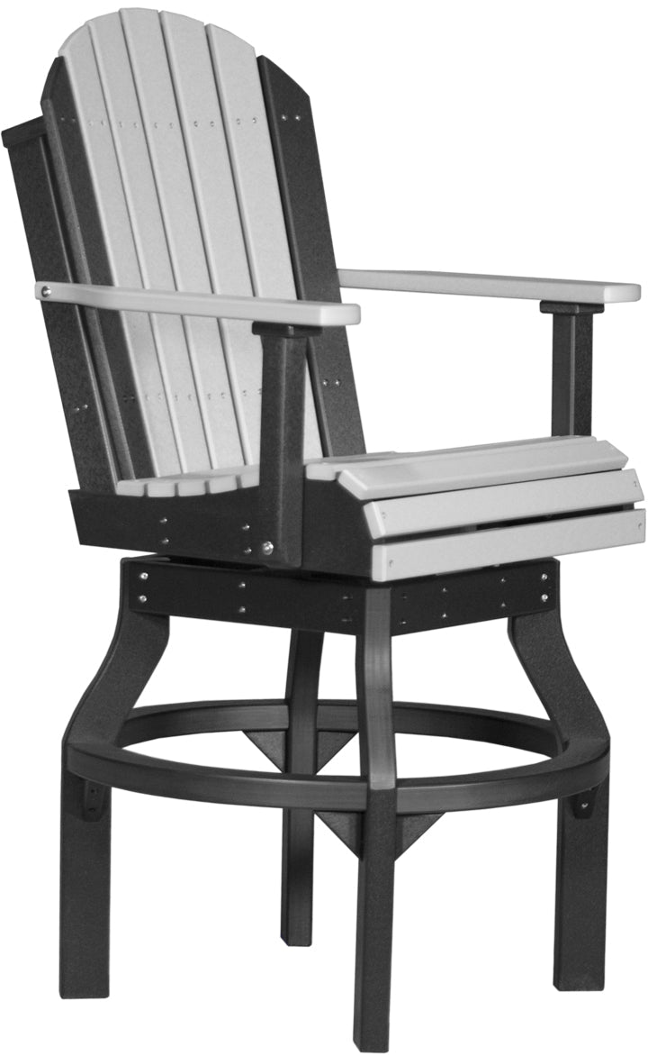 Lightweight, high-back patio chair with a slatted design in gray and black, featuring armrests and a sturdy base.