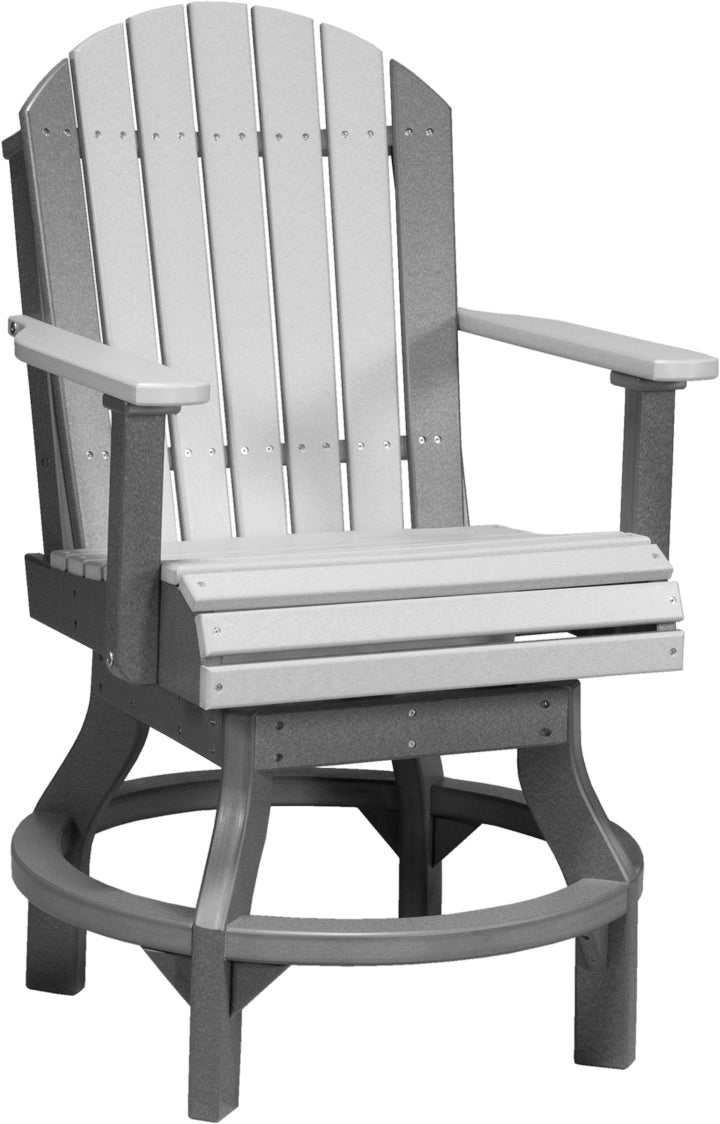 Gray and white Adirondack-style swivel chair with wide slats, armrests, and a sturdy base, made from weather-resistant HDPE.