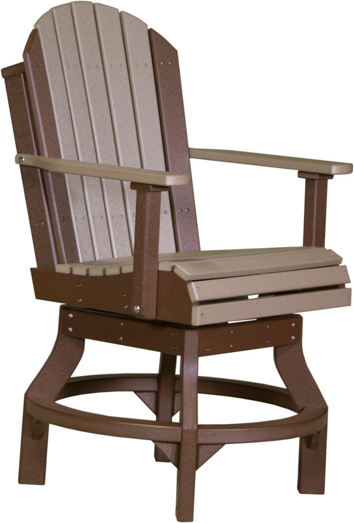 Brown and tan Adirondack swivel chair with vertical slats, sturdy armrests, and a round base.