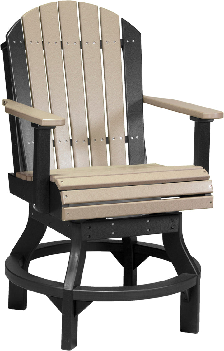 Classic Adirondack swivel chair in two-tone tan and black poly lumber with armrests, suitable for outdoor use.