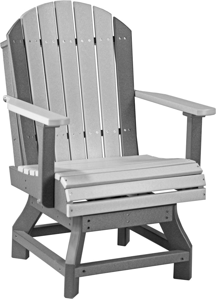 Adirondack chair in gray and white, featuring slatted backrest, wide armrests, and sturdy base for outdoor comfort.