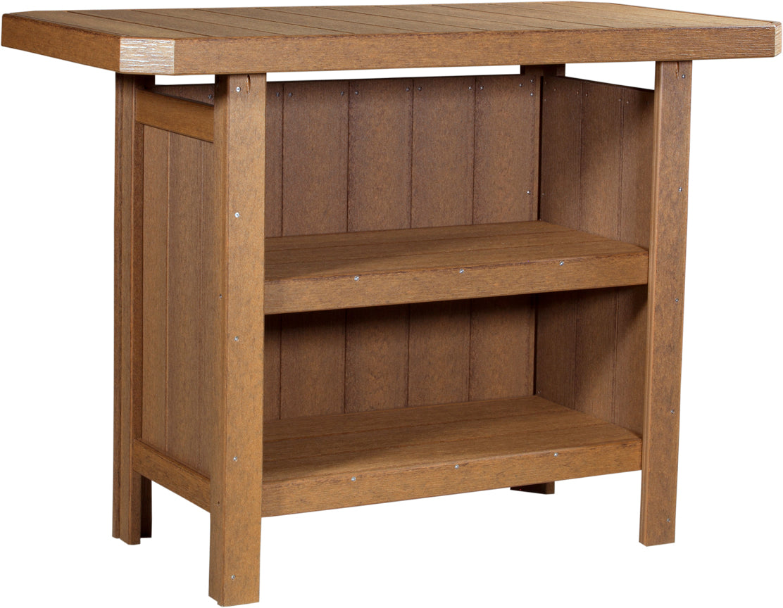 LuxCraft Poly Serving Bar Set in a rich brown finish, featuring a spacious countertop and two lower storage shelves.