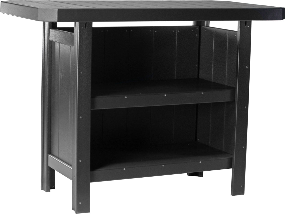 Black poly lumber serving bar with a spacious top and built-in lower storage shelves, designed for outdoor use.