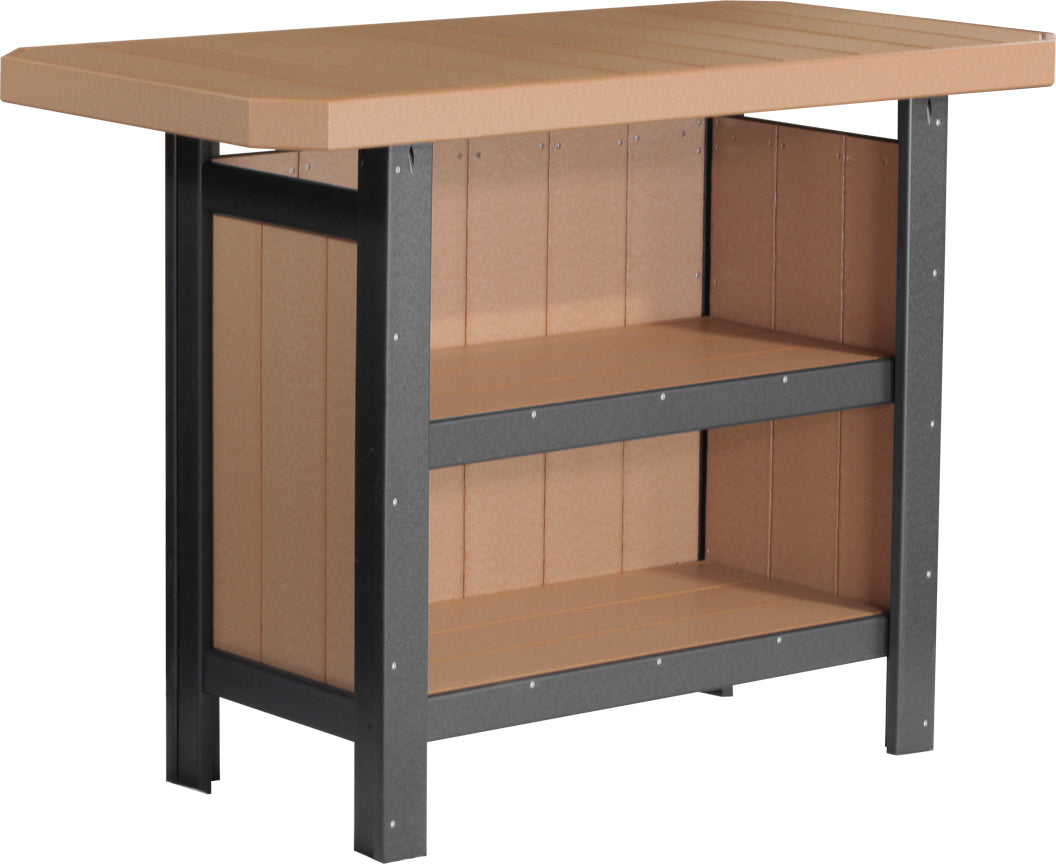 LuxCraft Poly Serving Bar Set features a brown HDPE top and black frame with two built-in storage shelves.