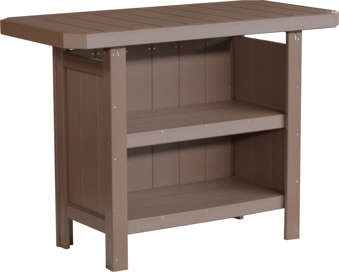 LuxCraft Poly Serving Bar Set featuring a brown HDPE finish, spacious countertop, and two lower storage shelves.