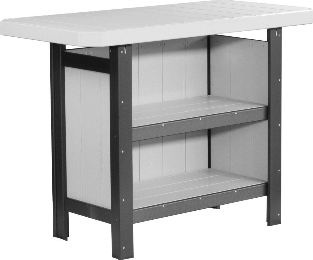 LuxCraft Poly Serving Bar Set features a gray and white design with two lower storage shelves, crafted from weather-resistant poly lumber.