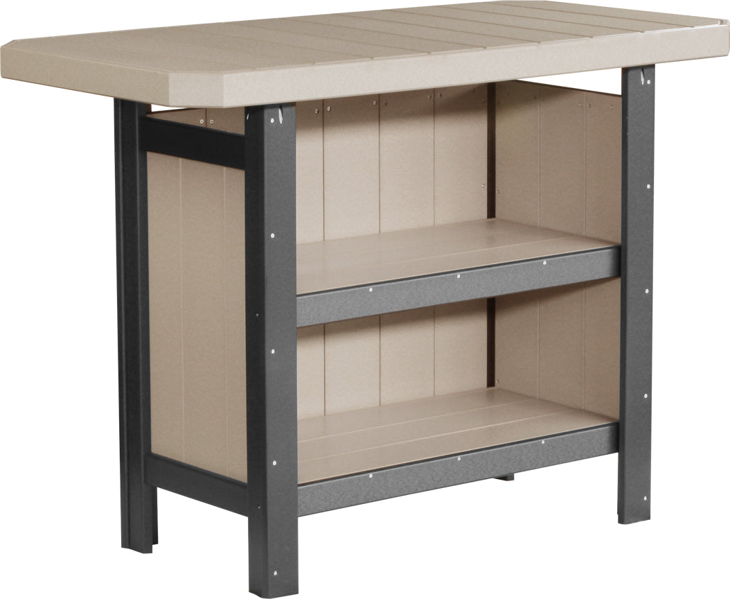 LuxCraft Poly Serving Bar Set in neutral tones, featuring a spacious countertop and built-in lower storage shelves.