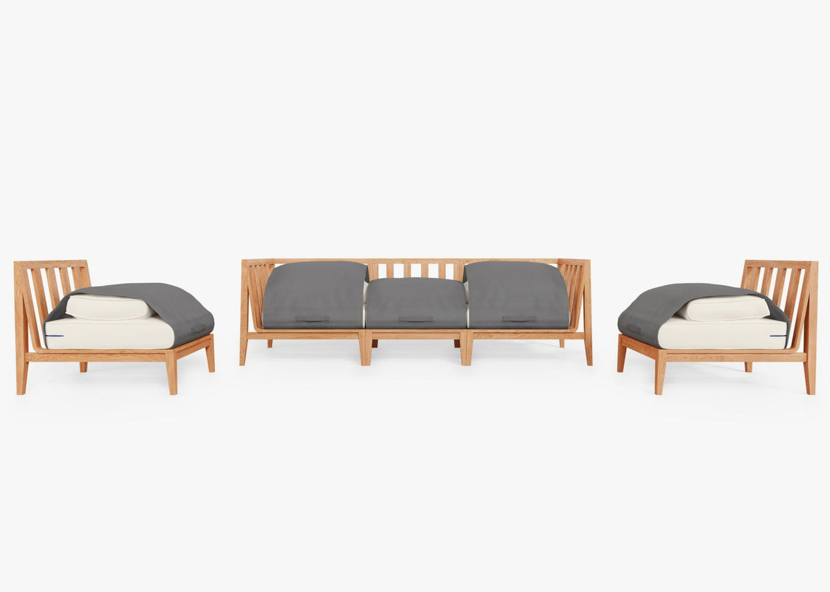 Armless outdoor sofa set featuring FSC-certified teak wood, plush gray cushions, and modern design with clean lines.