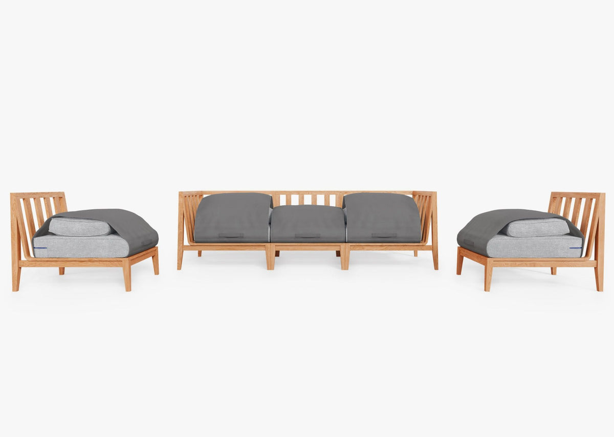 Outer Teak Outdoor Sofa with Armless Chairs – 5 Seat features a natural wood frame with warm teak finish and plush gray cushions.