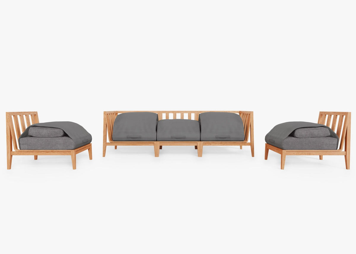 Outer Teak Outdoor Sofa with Armless Chairs—5-seat modular set in natural teak with dark pebble gray cushions, showcasing a sleek design.
