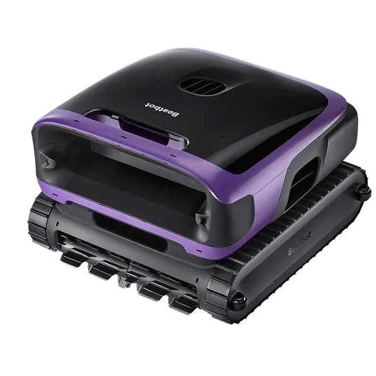 Beatbot Sora 70 robotic pool cleaner in black and purple, featuring a sleek design and bottom brush attachments.