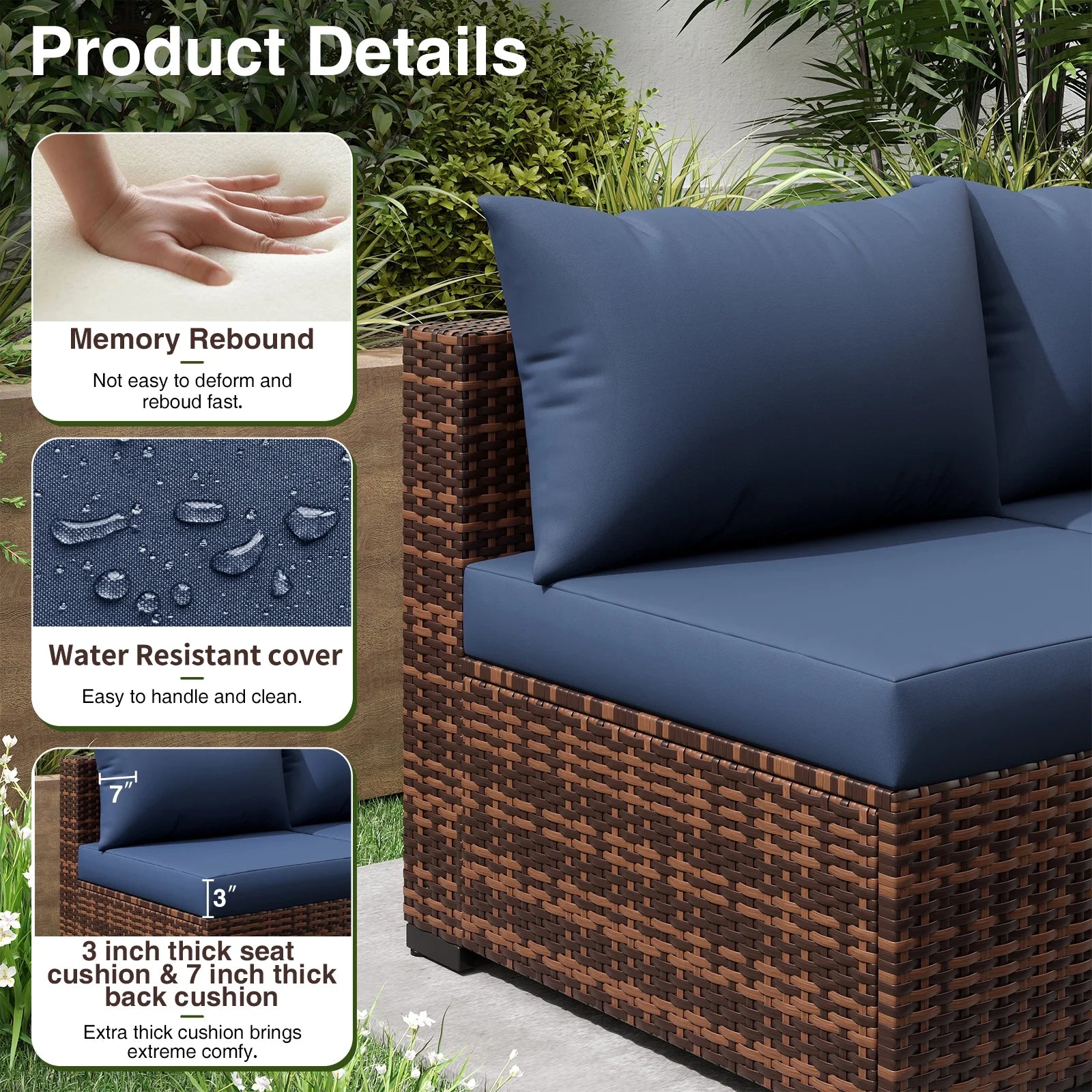 Patio Furniture Set, Outdoor Patio Furniturewicker Sectional Furniture Set, 7 Pieces Outdoor Sectional Sofa with Fire Pit Table, Outdoor Patio Furniture Set for Outdoor Furniture (Navy Blue)