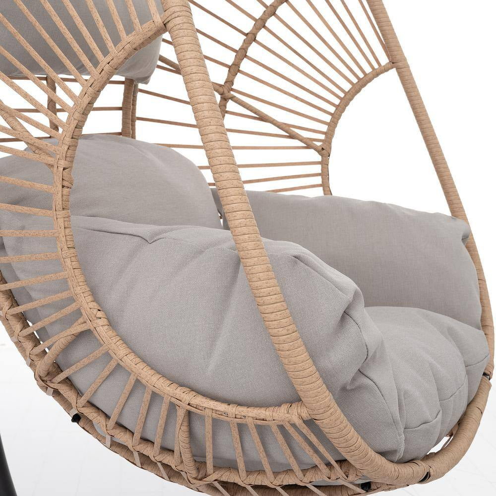 Wicker Patio Swing Outdoor Indoor PE Wicker Swing Egg Chair Hanging Chair in Beige