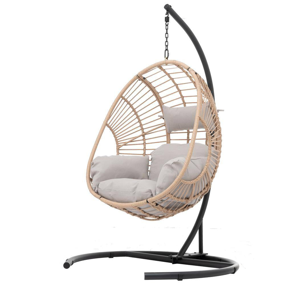 Wicker Patio Swing Outdoor Indoor PE Wicker Swing Egg Chair Hanging Chair in Beige