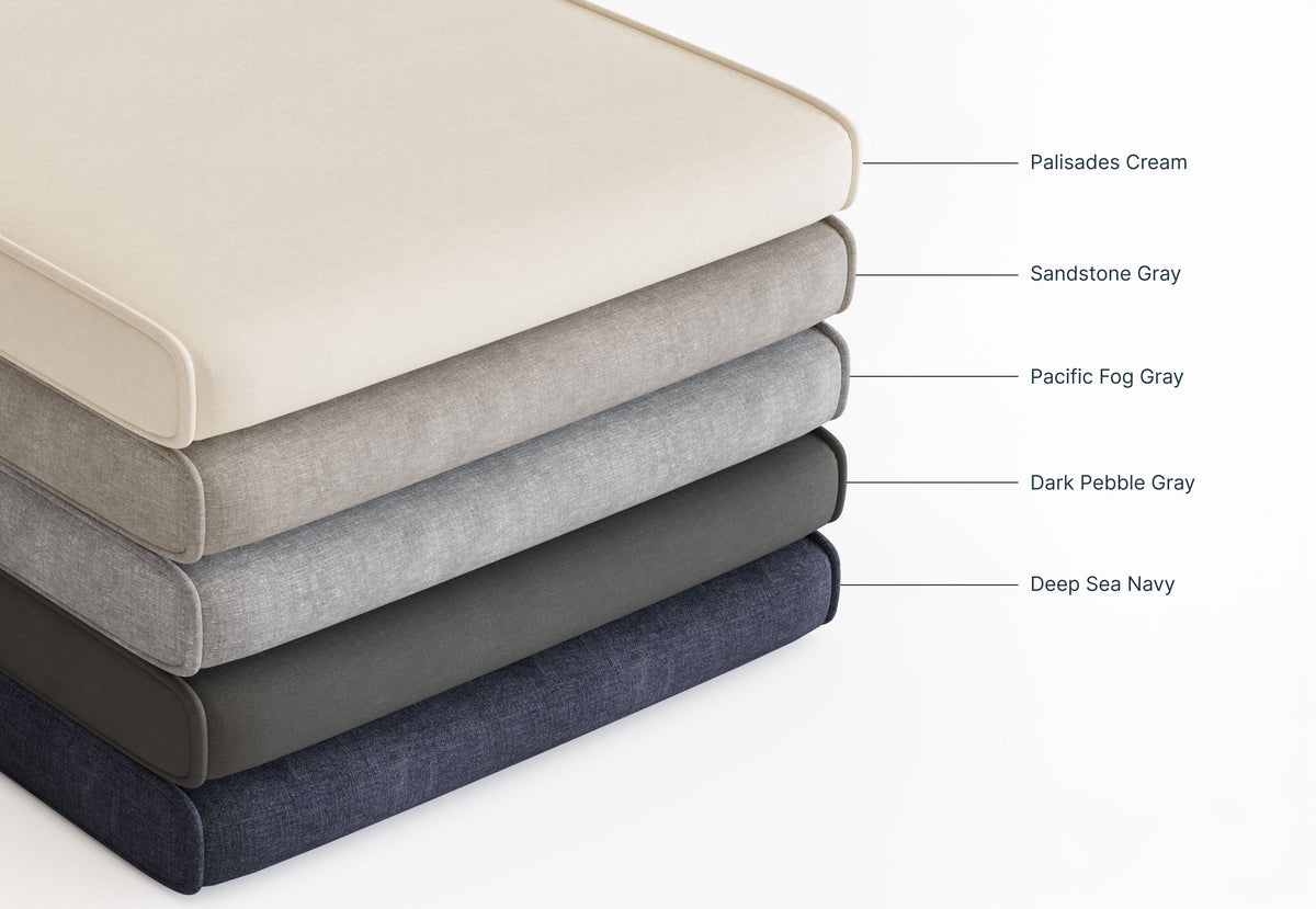 Five stacked fabric swatches showcasing colors: Palisades Cream, Sandstone Gray, Pacific Fog Gray, Dark Pebble Gray, and Deep Sea Navy.