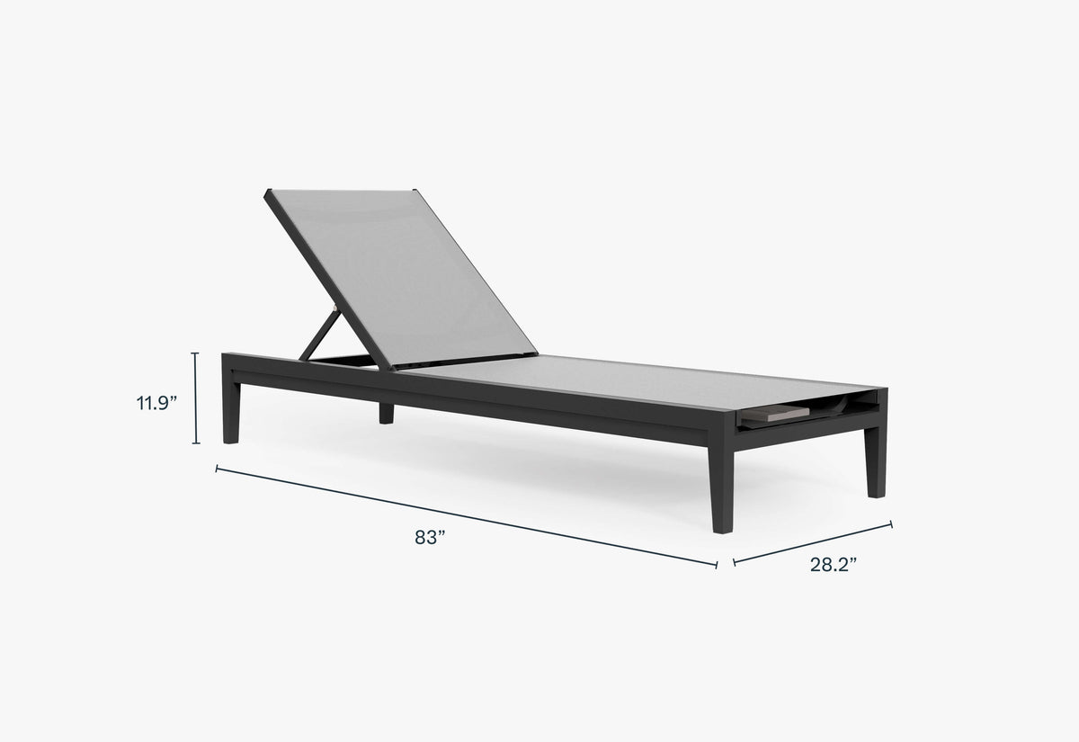 Charcoal aluminum outdoor chaise lounge with adjustable backrest, sleek design, and durable sling fabric.