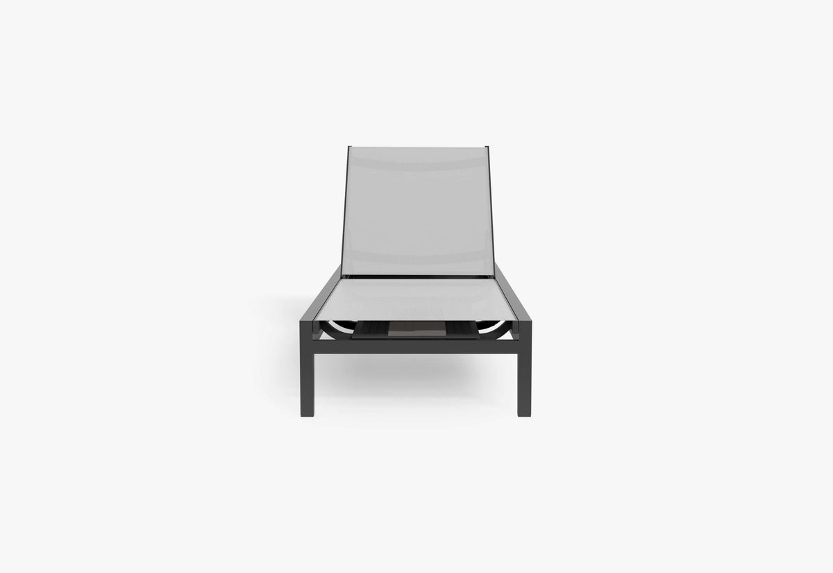 Charcoal aluminum outdoor chaise lounge with adjustable backrest and durable sling fabric for comfortable lounging.