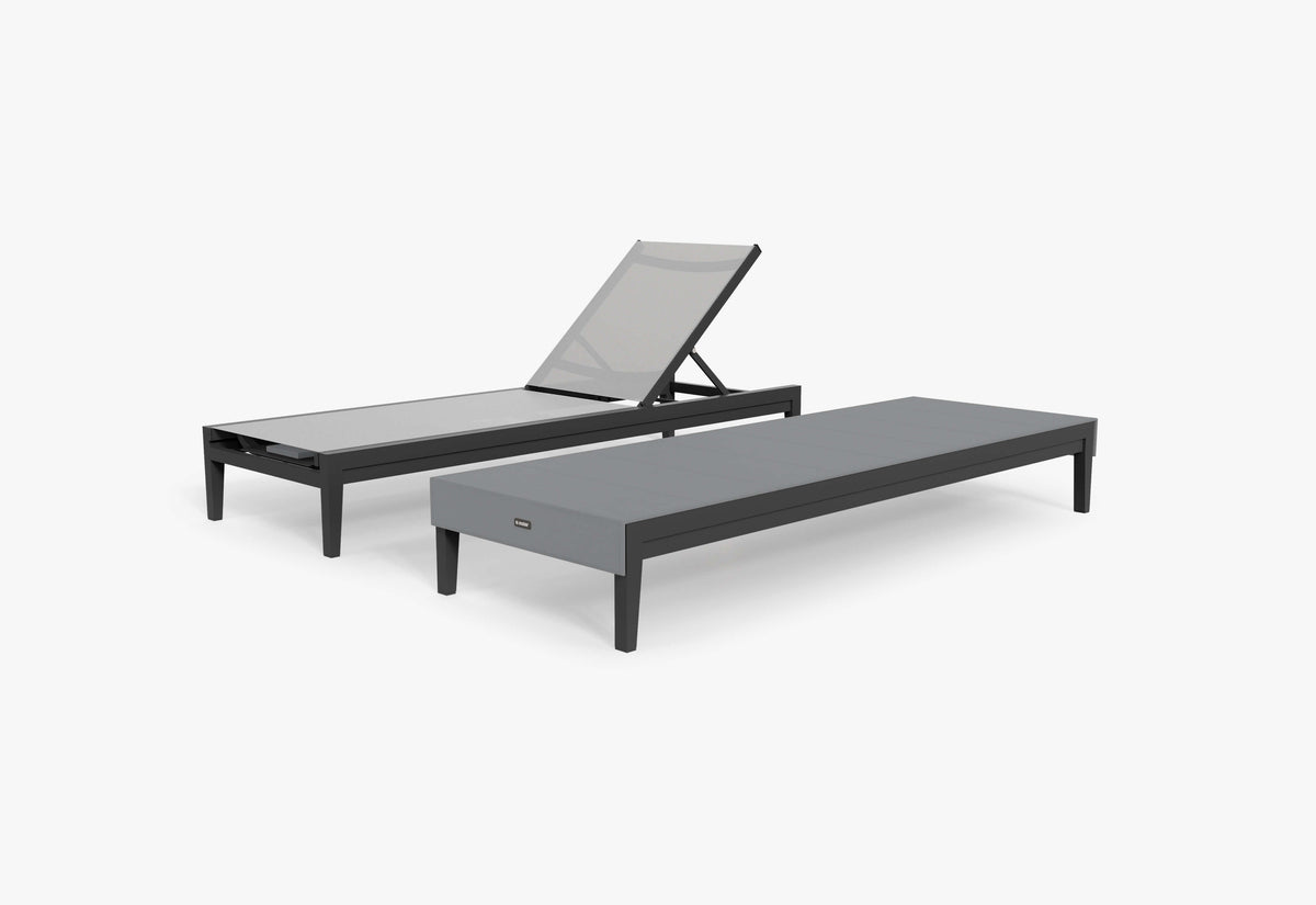 Charcoal aluminum chaise lounge with adjustable backrest, weather-resistant design, and integrated OuterShell cover.
