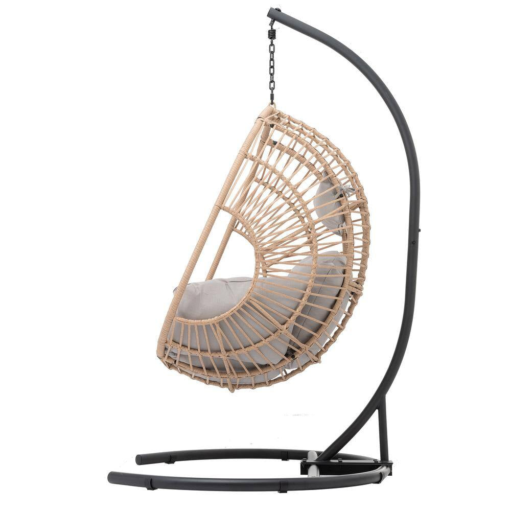 Wicker Patio Swing Outdoor Indoor PE Wicker Swing Egg Chair Hanging Chair in Beige