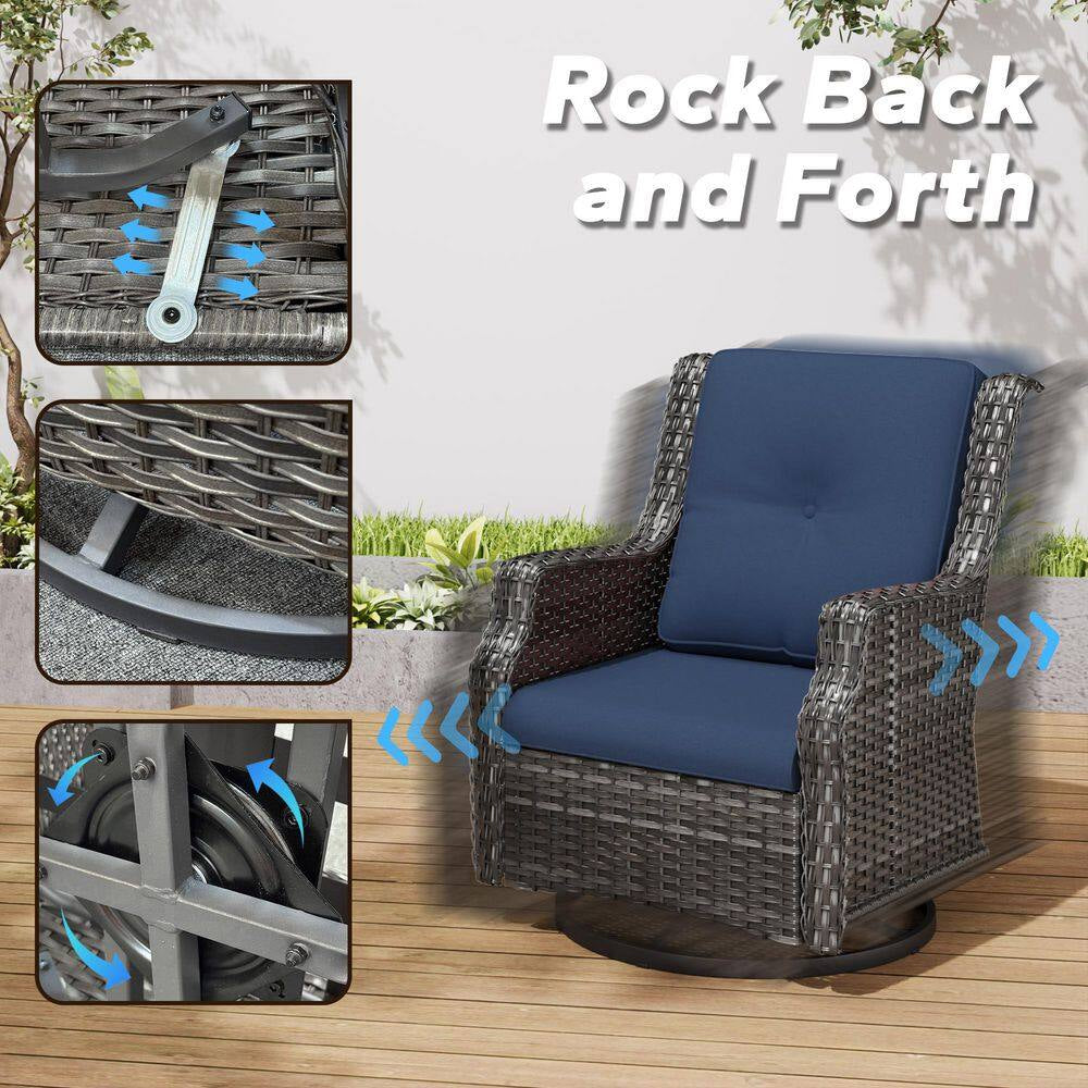 5-Piece Wicker Outdoor Patio Conversation Set with Swivel Rocking Chair, Side Table, Ottomans and Blue Cushions