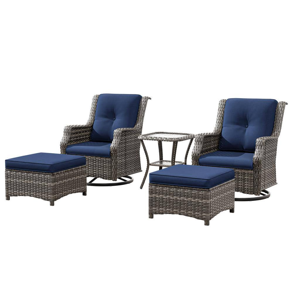 5-Piece Wicker Outdoor Patio Conversation Set with Swivel Rocking Chair, Side Table, Ottomans and Blue Cushions