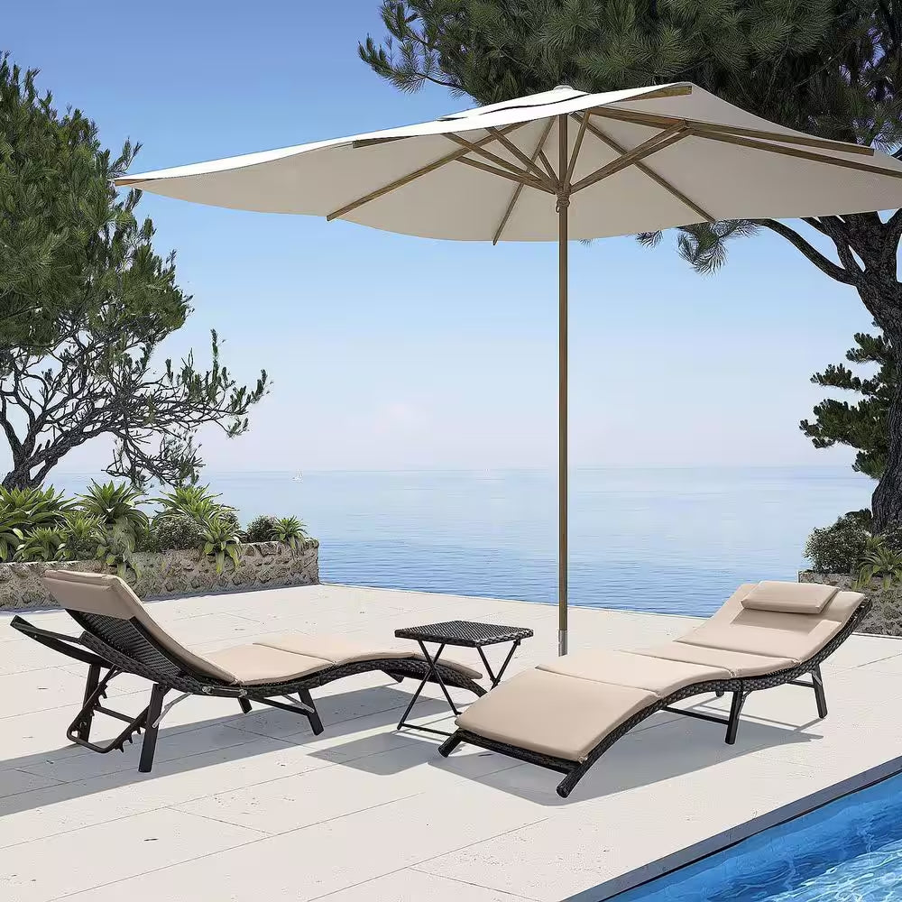 3-Pieces Steel Frame Poolside Folding Height Adjustable Wicker Outdoor Lounge Chair with Beige Cushion (Set of 2)