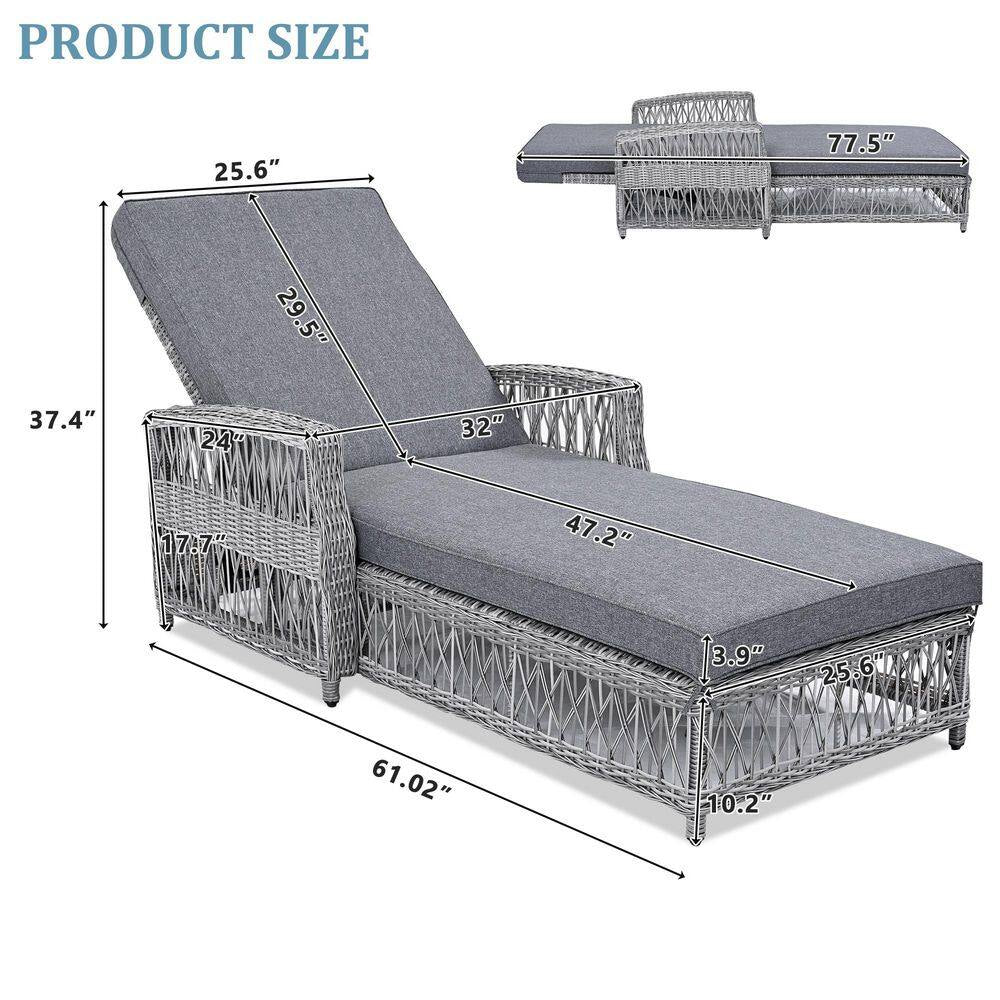 1-Piece Rattan Wicker Outdoor Patio Chaise Lounge Chairs with Adjustable Poolside Loungers Sunlounge and Blue Cushions